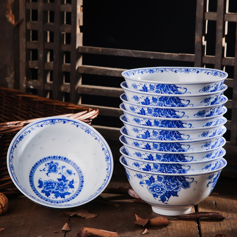 10个吃饭碗米饭碗家用景德镇玲珑瓷青花瓷碗套装釉下彩中式陶瓷碗