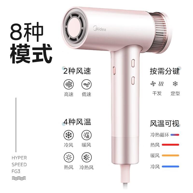 美的(Midea)高速吹风机家用吹风筒大功率/高浓度负离子护发/大风力速干电吹风FG3-星光粉高清大图