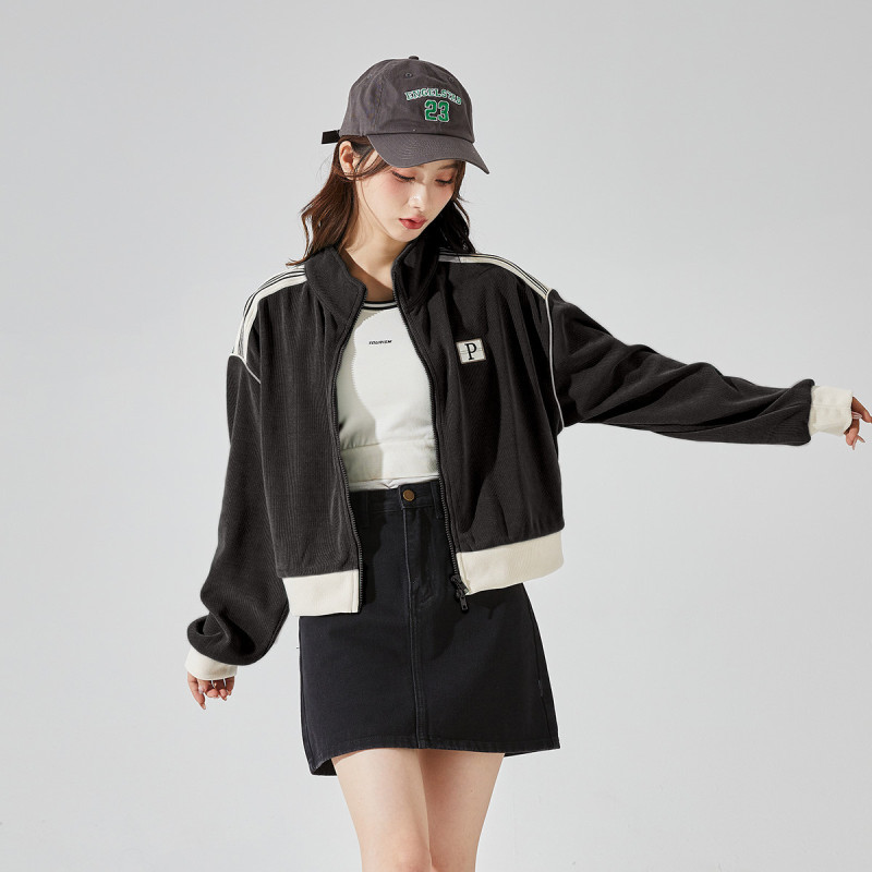 唐狮秋冬新款女立领短款拼接卫衣外套百搭减龄时髦韩系别致
