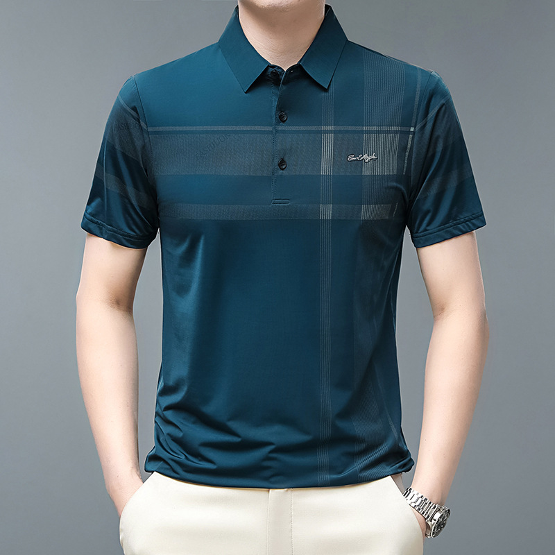 23新款男士polo衫夏季翻领短袖t恤男冰丝薄款速干宽松中老年男装_374138 哈青 XL