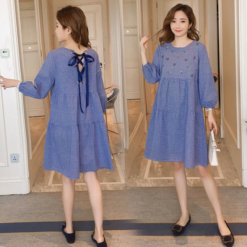 迪鲁奥(DILUAO)孕妇裙子秋季长袖上衣新款韩版中长款棉麻宽松A字裙秋孕妇连衣裙 蓝色图片