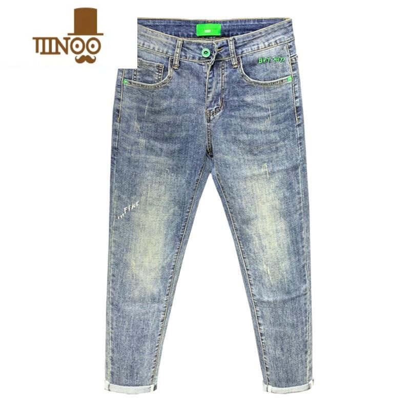 YANXU浅蓝色牛仔裤男夏季欧美潮牌刺绣复古修身小脚时尚痞帅网夏复帅仔高清大图