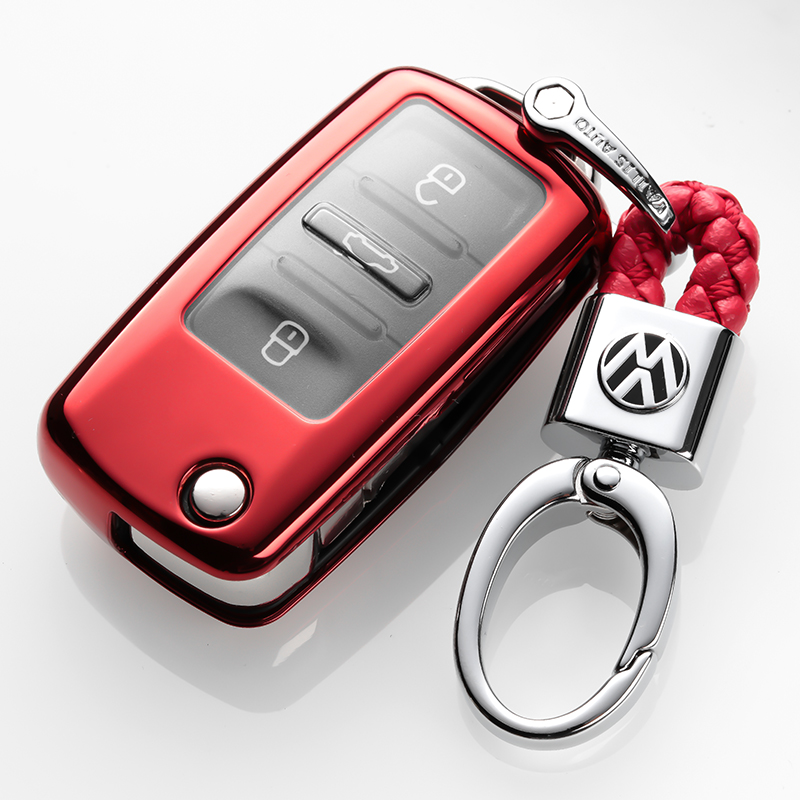 【补贴10%】2016/15款大众途观老款插钥匙启动车钥匙套包扣保护套男女士潮汽车钥匙包 大众折叠激情红+扣子