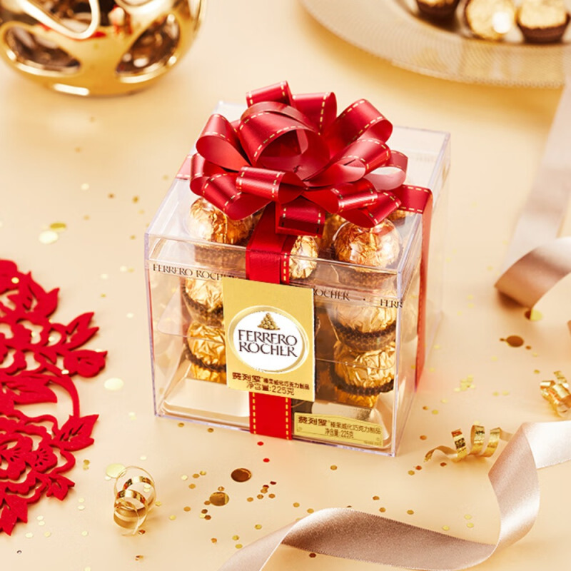 费列罗(Ferrero Rocher)榛果威化巧克力18粒方形礼盒装225g