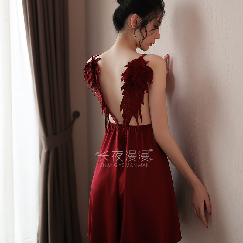 长夜漫漫情趣内衣展翅吊带性感睡裙套装露背诱惑情趣睡衣性感1288 酒红色 均码(80-120斤)