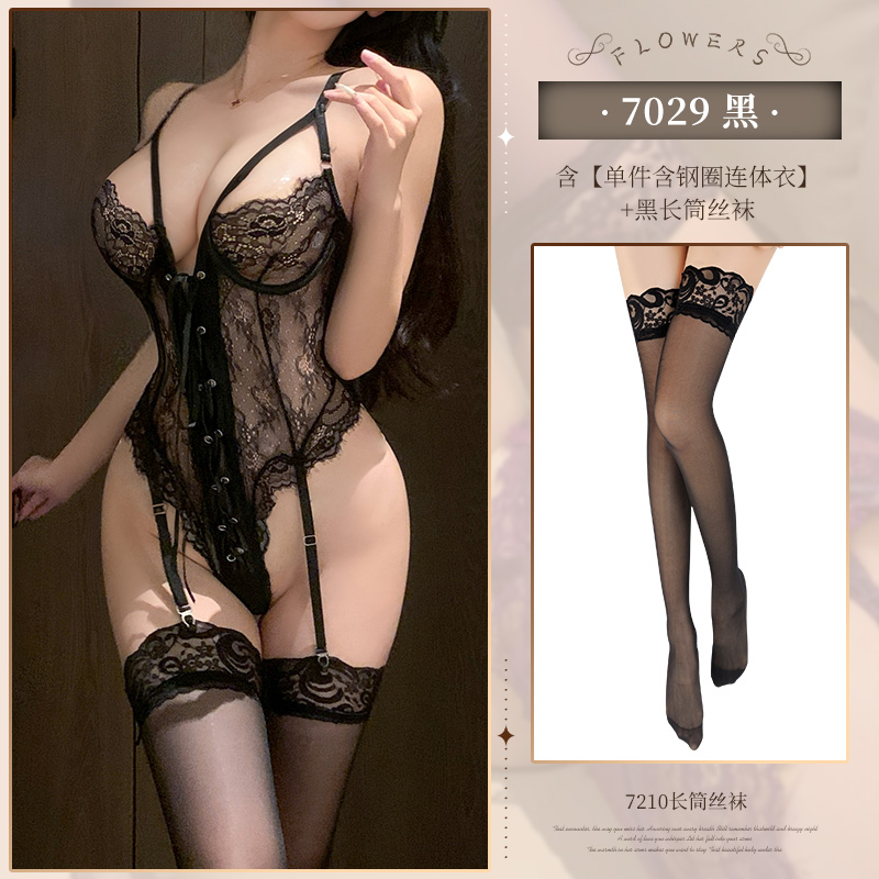 霏慕小胸聚拢显大钢圈半托绑带束腰连体衣性感情趣内衣蕾丝透视女式情趣睡衣透明床上衣服7029 7364白【单件蕾丝吊带一体袜】