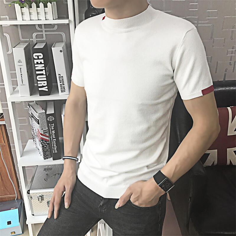 秋短袖T恤男中高领线衣韩版修身港风纯打底袖针织衫潮