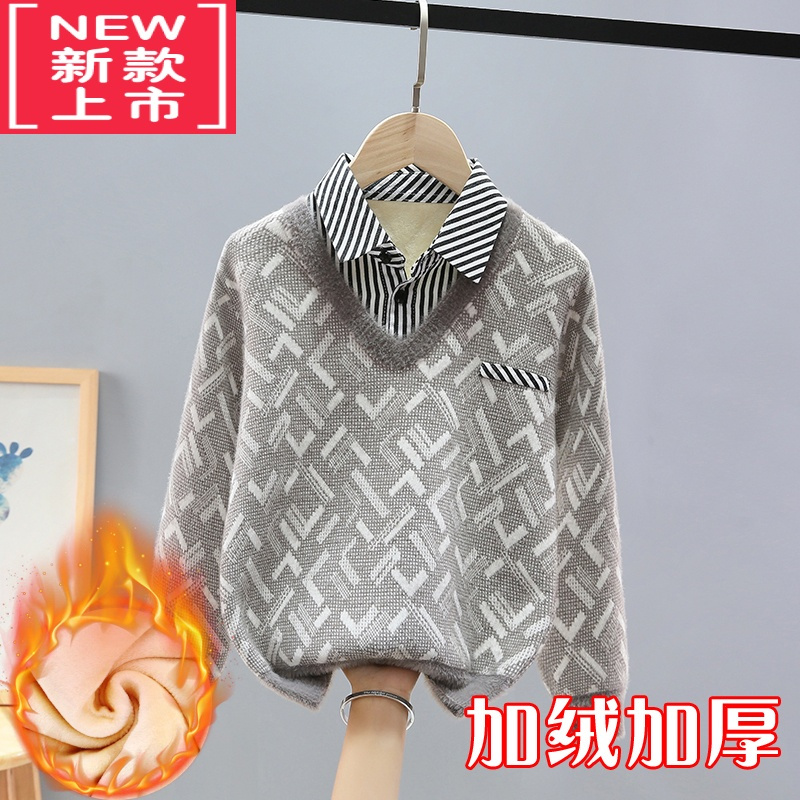可莉允男童毛衣假两件秋冬款中大童针织衫加绒加厚儿童10男孩12岁