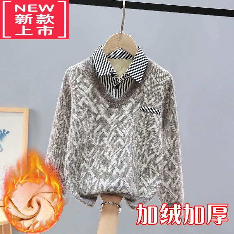可莉允男童毛衣假两件秋冬款中大童针织衫加绒加厚儿童10男孩12岁图片