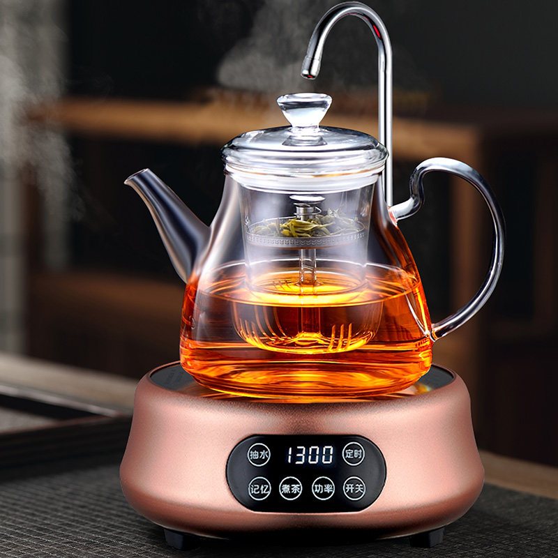 加厚煮茶壶玻璃白茶专用自动上水电陶炉黄金蛋烧水壶套装家用蒸汽煮茶器 双用壶C款+抽水金色腰型电陶炉+4杯