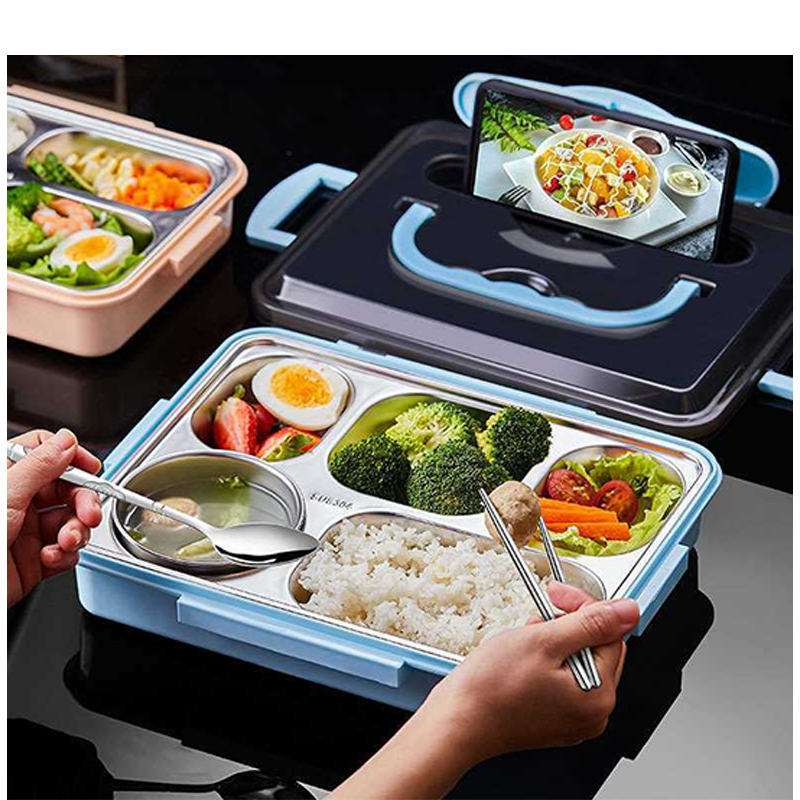 耀豪坤 304不锈钢双层分格饭盒餐盘 送不锈钢餐具 大号五格+汤碗 YCL5-2000ml/个高清大图