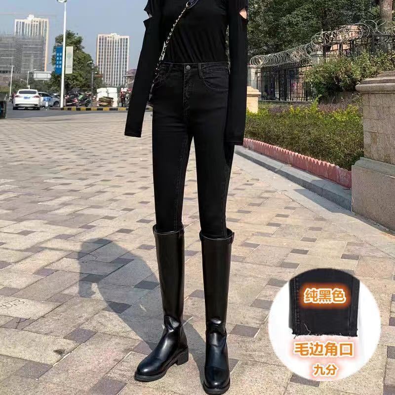 061款[简单款] S [建议80-95斤] 单裤/加绒 秋冬排扣超高腰牛仔裤女小脚显瘦九分烟灰色铅笔裤韩版
