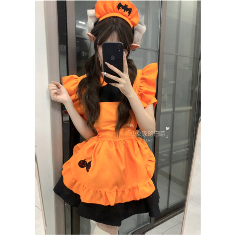 HD 万圣节南瓜女仆装cos蝙蝠吸血鬼可爱女佣装魔法女巫lolit连衣裙女 连衣裙+围裙+发箍+黑丝袜+裙撑M高清大图