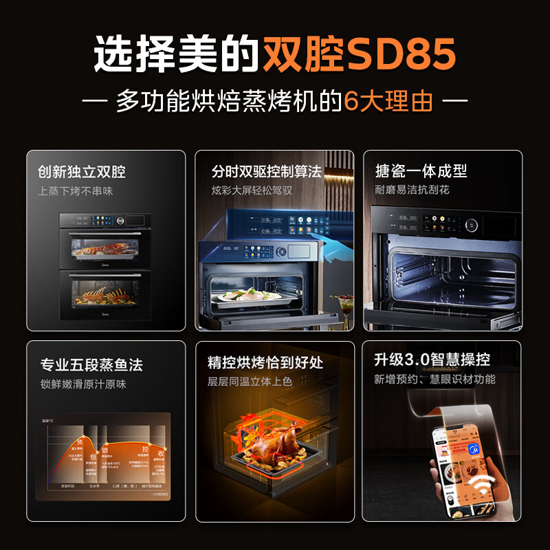 美的（Midea）85L大容量 12.5英寸幻彩大屏 精准控温 嵌入式蒸烤箱二合一双腔家用烘焙蒸箱烤箱SD85