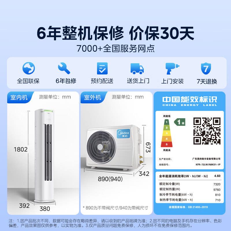 美的(Midea)空调立式柜机酷省电Pro大3匹新一级能效变频冷暖家用智能空调官方正品KFR-72LW/N8KS1-1P图片