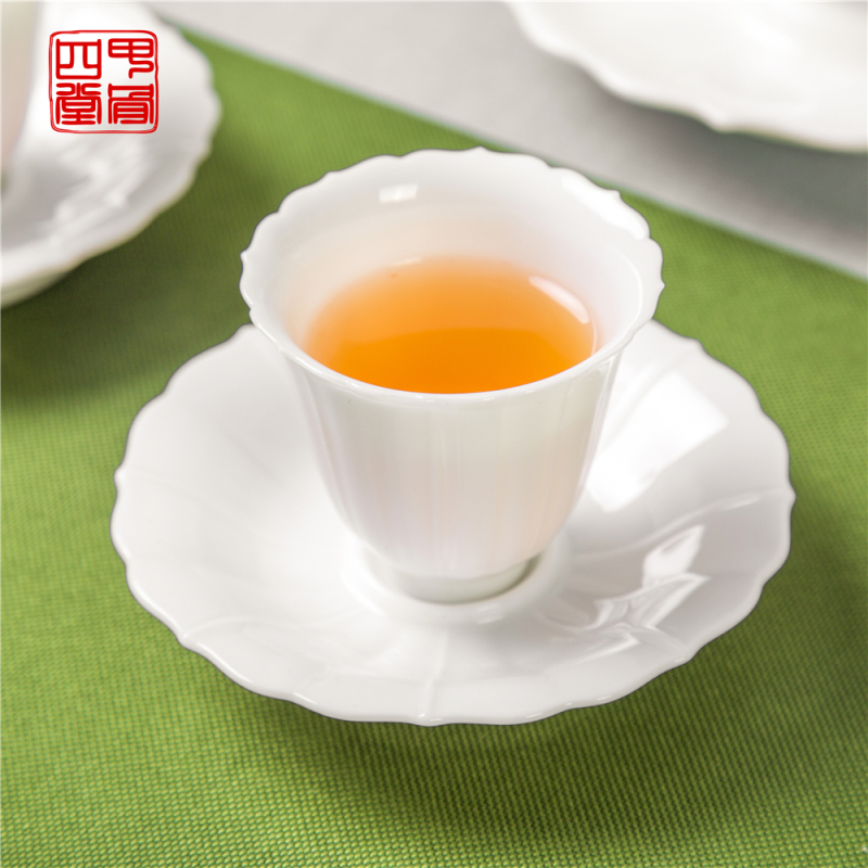 甲骨四堂 茗茶白瓷莲花茶杯带杯碟套装 景德镇白玉瓷素色纯白品茗杯配纯色莲花杯碟