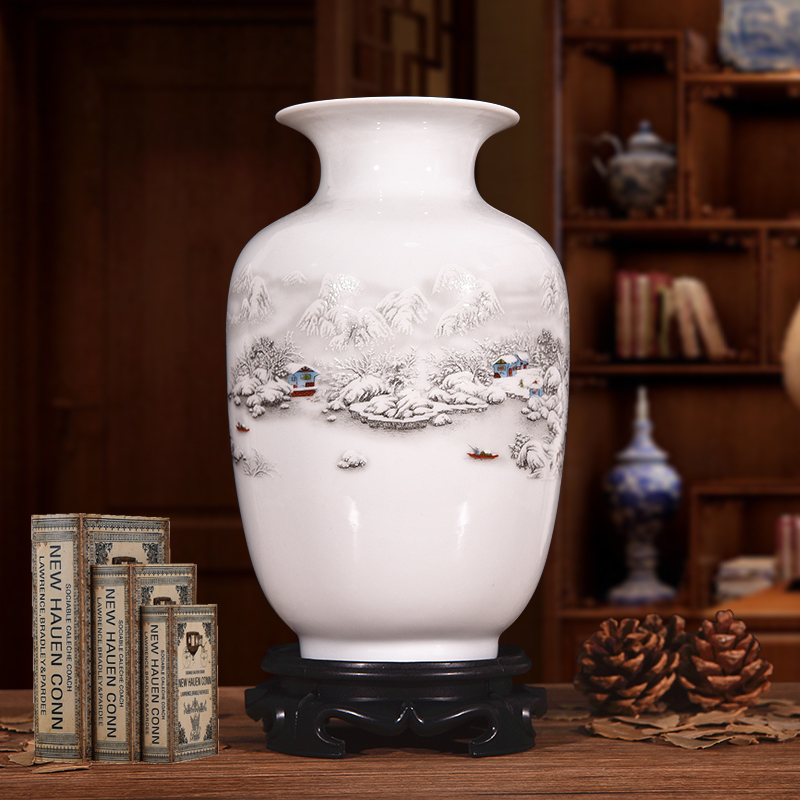 家居白色小花瓶插花陶瓷器现代客厅电视柜装饰工艺品摆件-雪景冬瓜瓶送底座