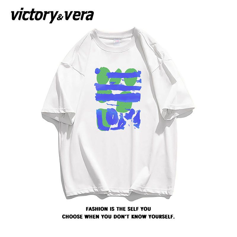 VICTORYVERA涂鸦纯棉短袖T恤女2022新款夏季学生宽松休闲半袖上衣