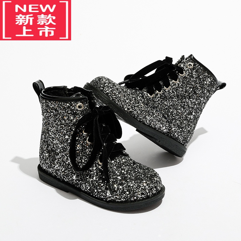 可莉允女童闪亮公主风短靴2022秋冬新款宝宝马丁靴小女孩单靴加绒儿童靴