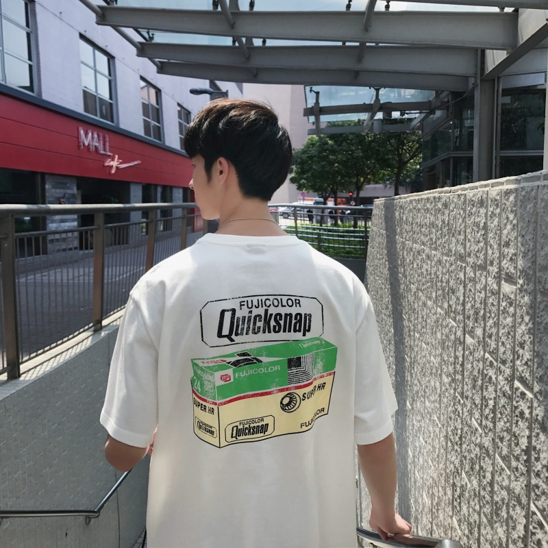 2018夏季帅气韩国日韩风彩色印花Tee圆领短袖T恤男士宽松打底衫