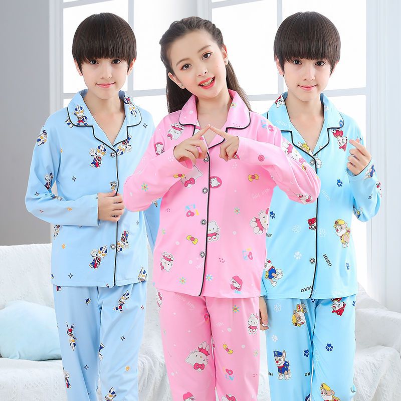 儿童睡衣女春秋季长袖女童棉质翻领开衫秋季中大童宝宝家居服套装