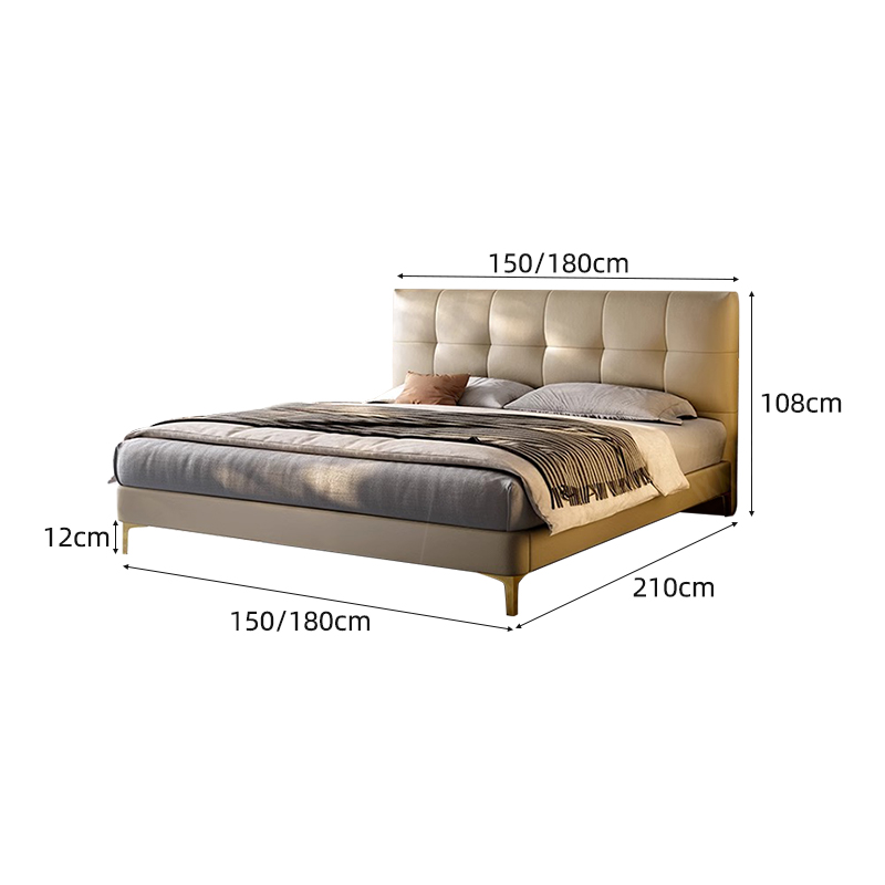 豆腐块头层牛皮床主卧次卧双人大床实木真皮极简婚床 1.8*2.0米【9D静音钢木床板】 环保椰棕床垫-【偏硬睡感】