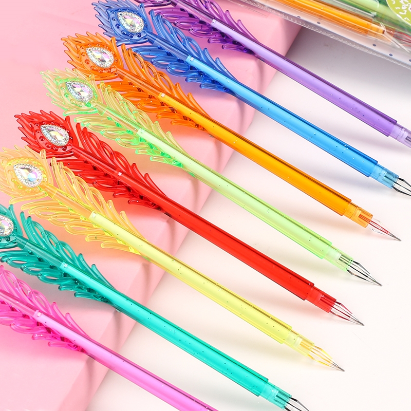 如华福禄创意文具孔雀羽毛笔学生彩色中性笔可爱手账笔水笔多色画画笔