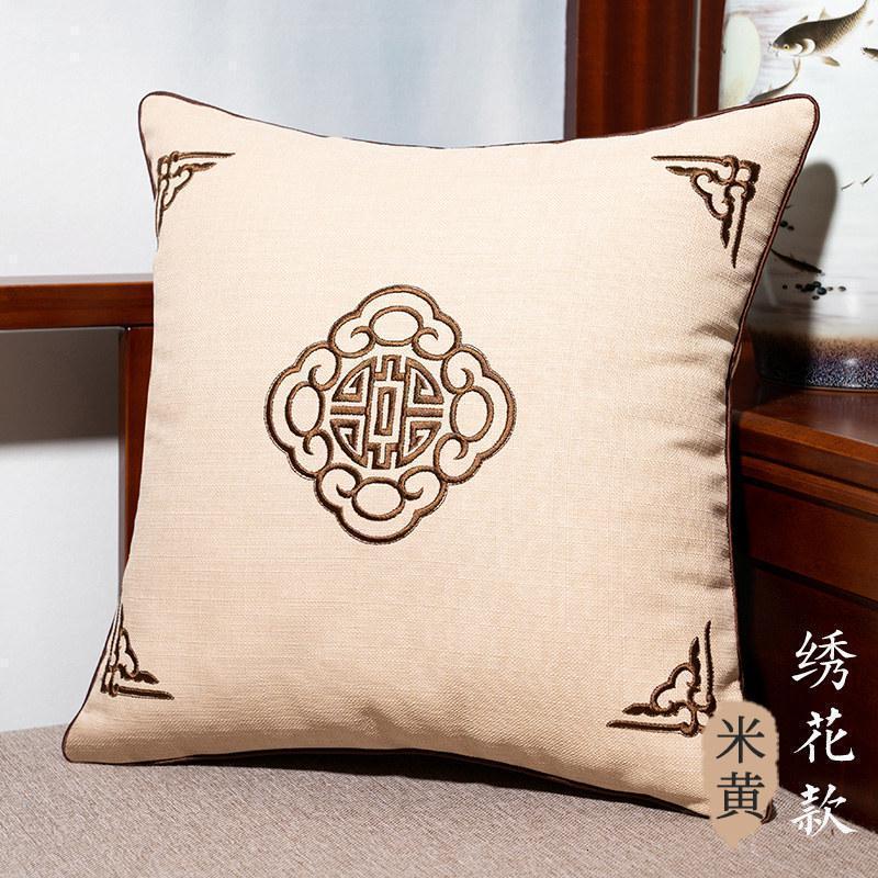 家柏饰(CORATED)新中式刺绣花抱枕套客厅沙发亚麻靠背不含芯腰枕靠枕头中国风靠垫 悦轩阁-米黄（绣花） 45cm*45cm（枕套）