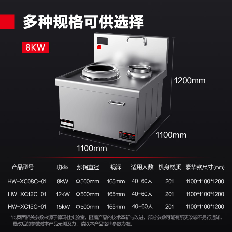 德玛仕(DEMASHI)大功率商用电磁炉学校食堂酒店大锅灶炒炉具台HW-XC08C-01单头单尾小炒8kw(201材质)高清大图