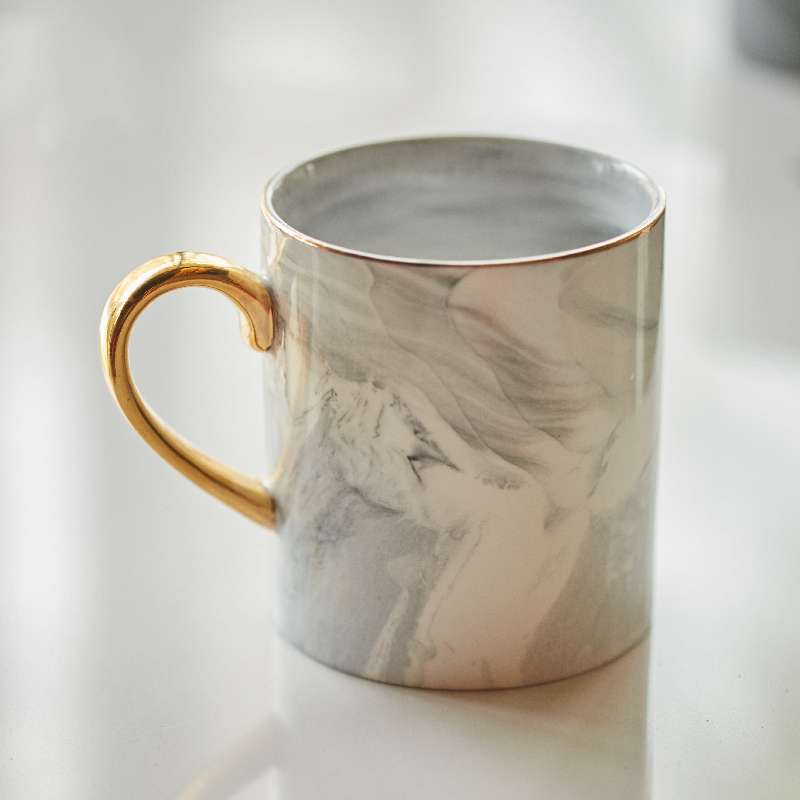 彩帮欧式大理石纹理马克杯描金边陶瓷杯子家用办公室咖啡杯情侣杯赠勺
