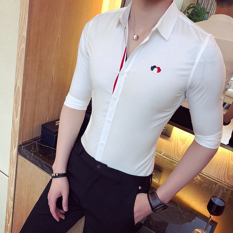 2018夏季7分短袖衬衫韩版修身潮男青年男士七分袖衬衣中袖型师