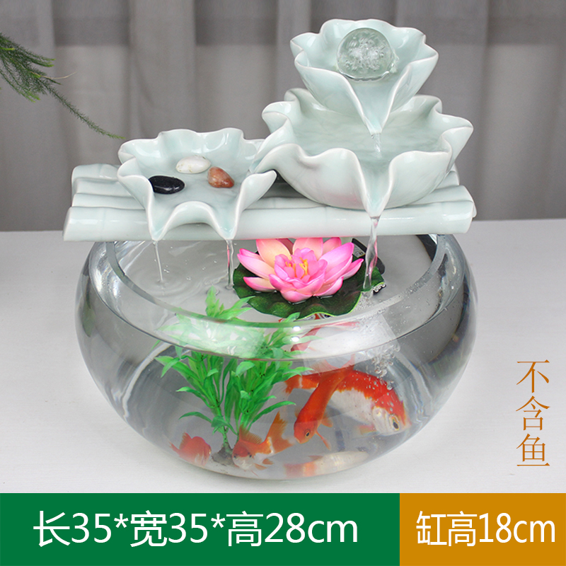 小鱼缸过滤增氧流水器陶瓷圆形装饰水景搭配小喷泉室内自循环摆件 三维工匠 清水芙蓉-粉青色(整套)大号玻璃鱼缸高清大图