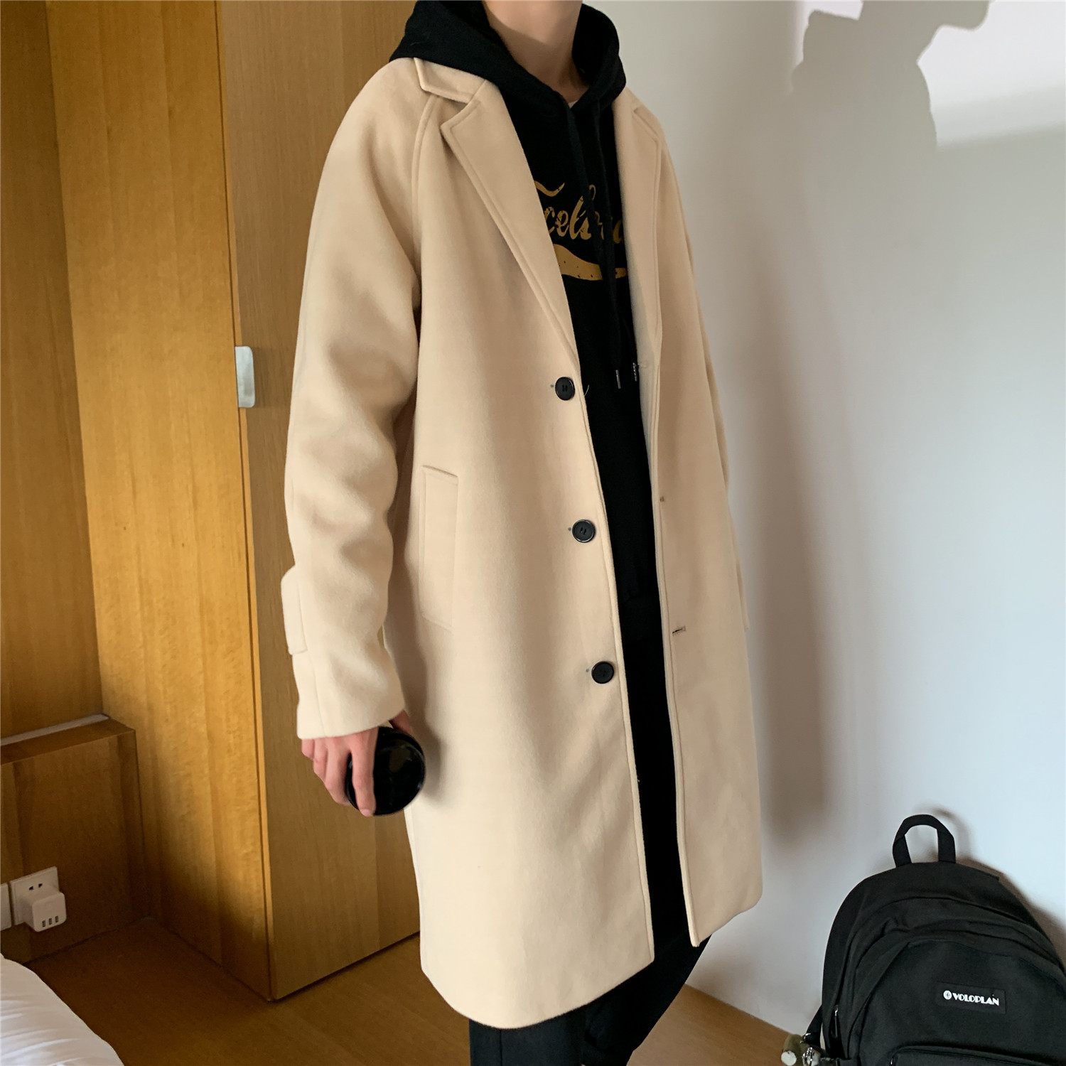 SUNTEK秋冬加棉加厚毛呢外套男韩版潮风衣男中长款英伦风过膝大衣男宽松风衣高清大图