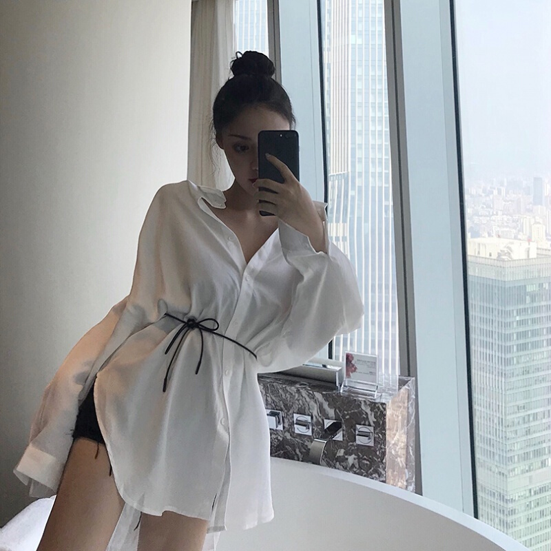 2018秋装新款小心机中长款开衫港风宽松上衣防晒衬衫女送腰带白色送腰带均码