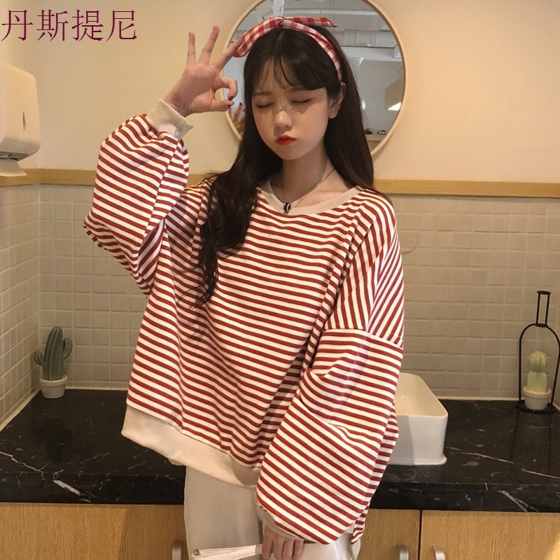 秋季女装韩版学院风条纹套头卫衣学生宽松圆领长袖休闲上衣外套潮