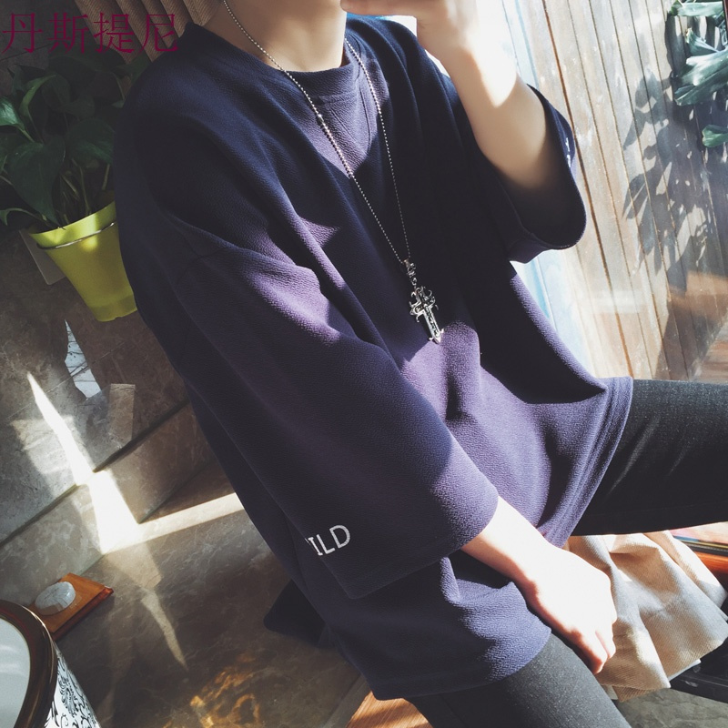 夏季宽松7七分袖T恤男短袖韩版bf风半袖卫衣青少年学生潮流上衣服