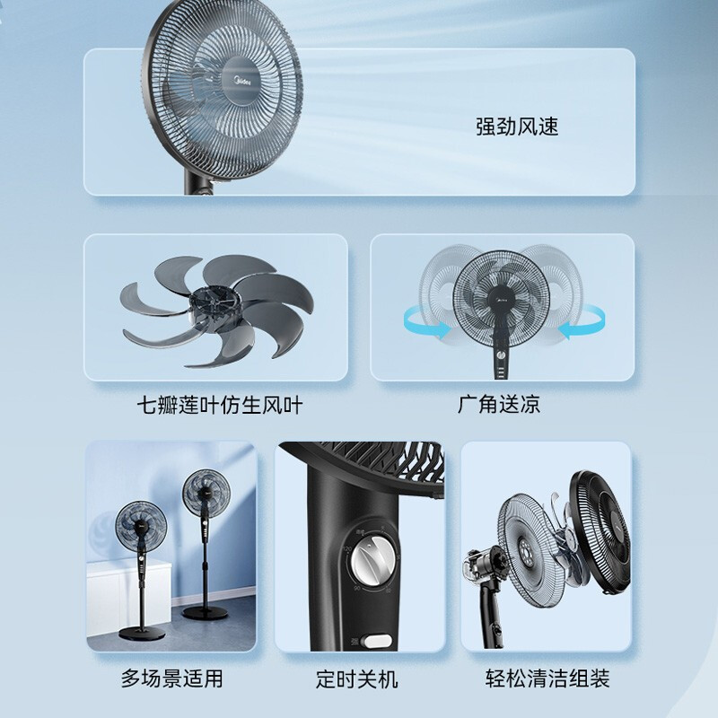 美的(Midea) 电风扇家用落地扇大风量轻音低噪节能七叶摇头风扇俯仰可定时调节广角送风易清洗SAF35MA高清大图