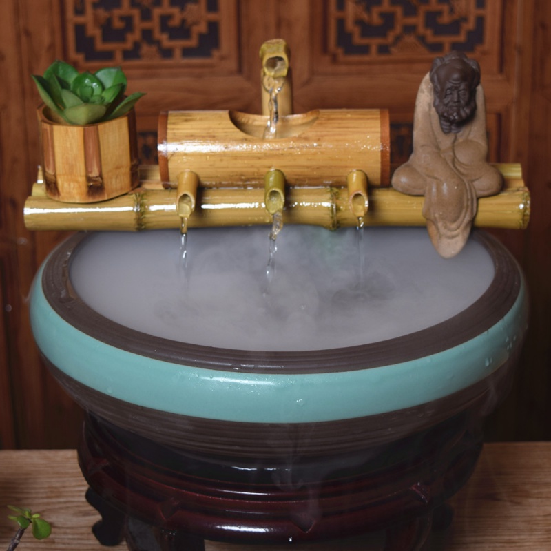 陶瓷鱼缸流水竹子循环水摆件竹筒流水器石过滤器办公室流水 三维工匠 带泵竹排长25厘米高清大图