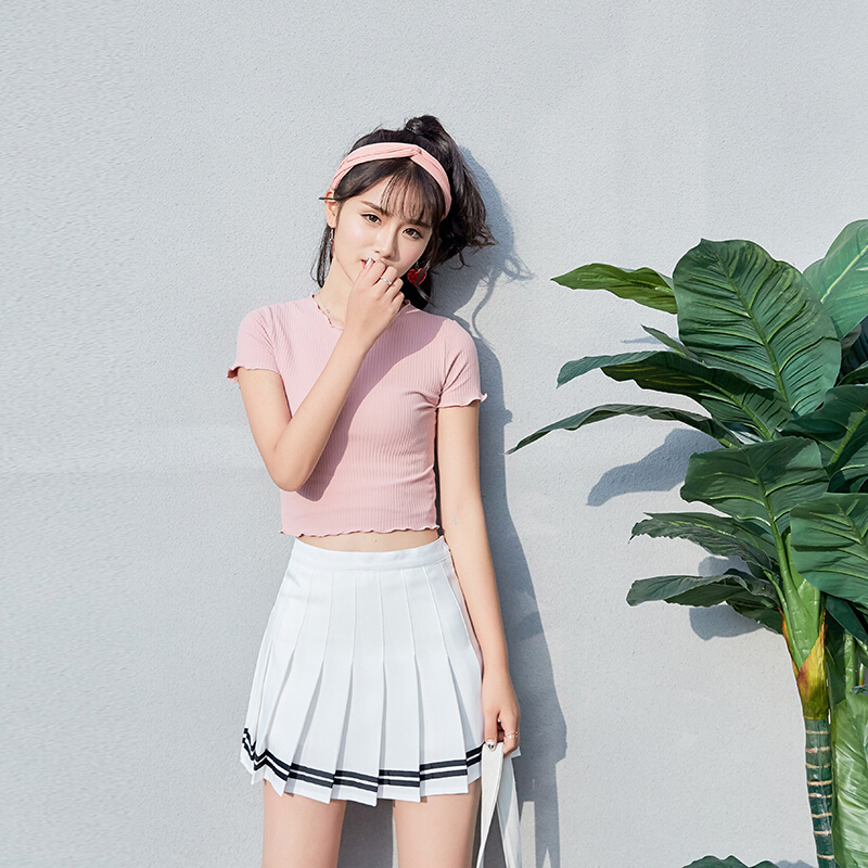 2018春夏西装面料百褶裙学生裙子海军风网球短裙半身裙夏白色有内衬