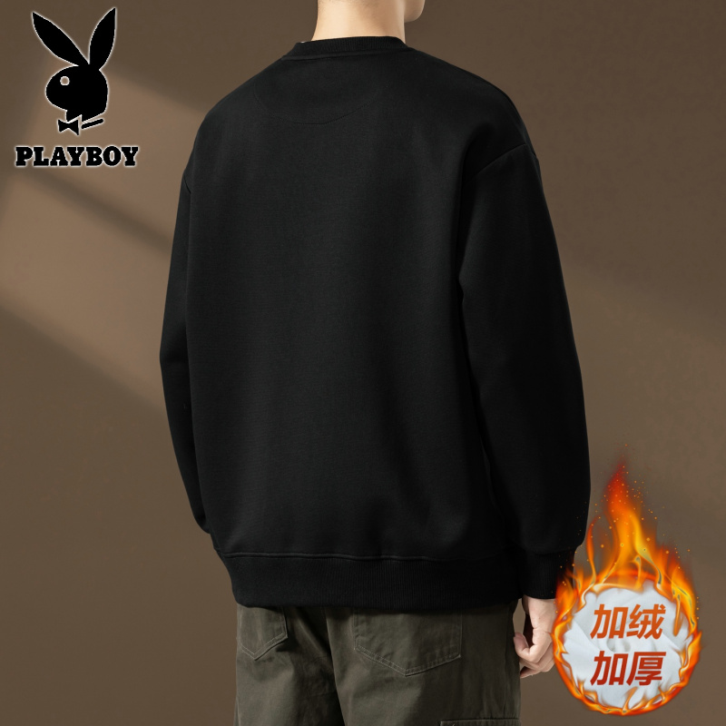 花花公子新款秋冬高克休闲加绒圆领卫衣男长袖T恤打底衫高清大图