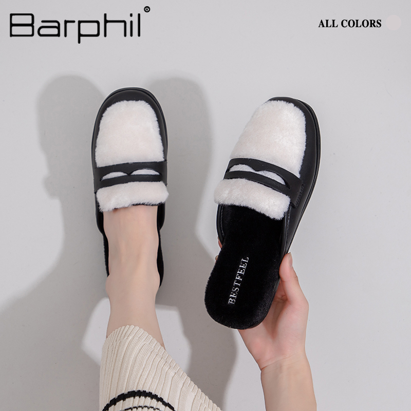 Barphil外穿半拖鞋2023冬季新款加绒保暖懒人一脚蹬棉鞋小皮鞋女