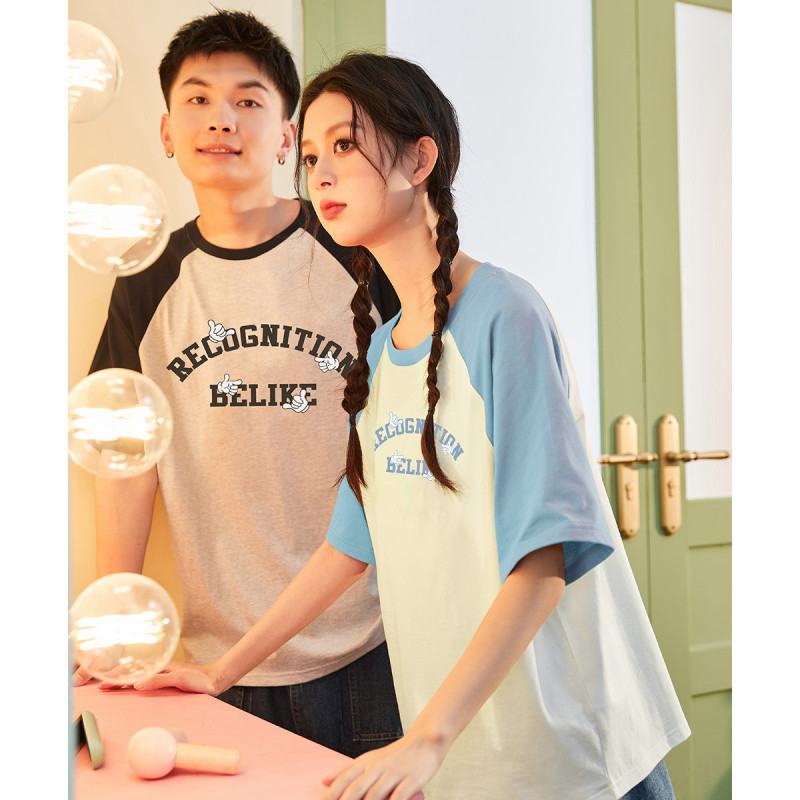 [2.5折价52元]唐狮夏季情侣装短袖女T恤短袖男情侣同码前胸印花插肩袖短T