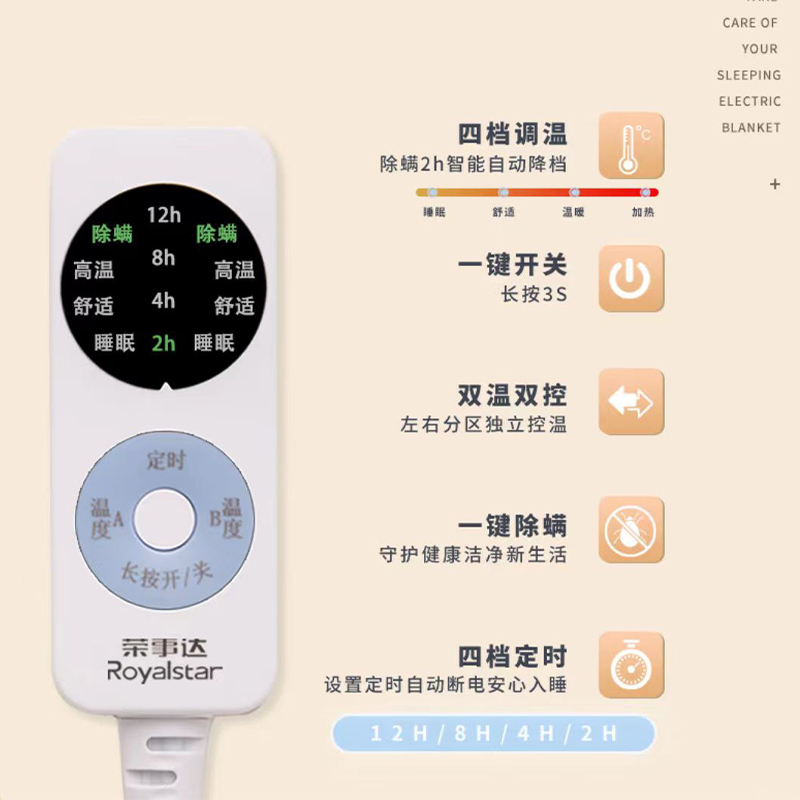 荣事达双人电热毯1.8米*1.5米双控调温定时双人电褥子自动断电轻便易收纳温暖舒适高清大图