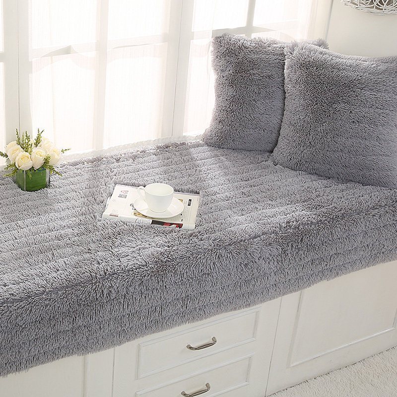 汐岩飘窗垫加厚窗台垫现代简约卧室榻榻米阳台垫子飘窗台垫可机洗 长毛绒灰色70宽*210cm长