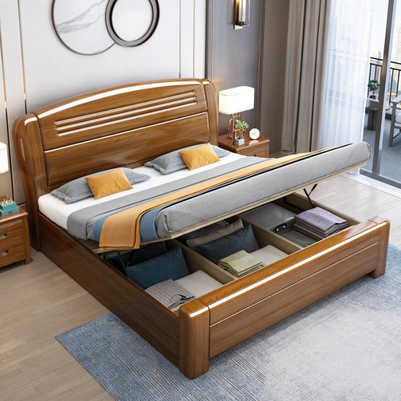 景山百岁床胡桃木床实木床双人床现代中式全实木家具木质床婚床抽屉床