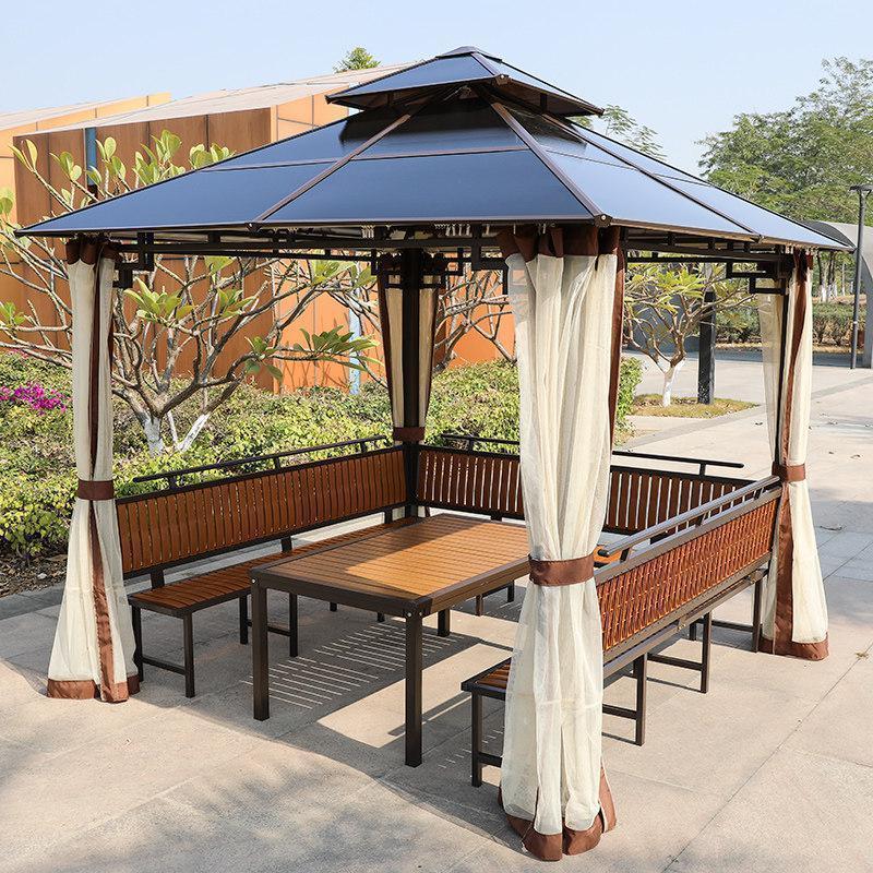 森美人防腐木户外凉亭小木屋别墅庭院花园农家乐简易亭子楼顶实木遮阳棚 三面座板+塑木桌【柚木色】【含纱帘】