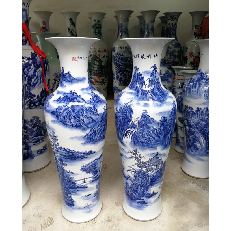 景德镇陶瓷器大花瓶手绘青花山水新房客厅酒店落地装饰品摆件 三维工匠 江山多娇1.2米高清大图