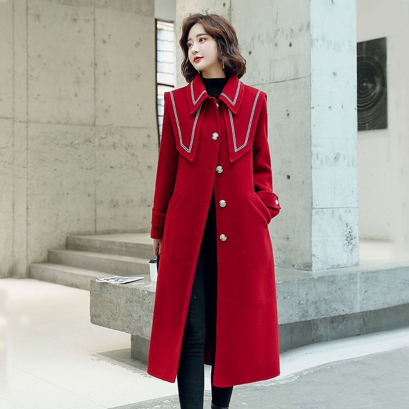 酒红色毛呢外套女秋冬装长款海军领气质赫本风呢子大衣收腰显瘦