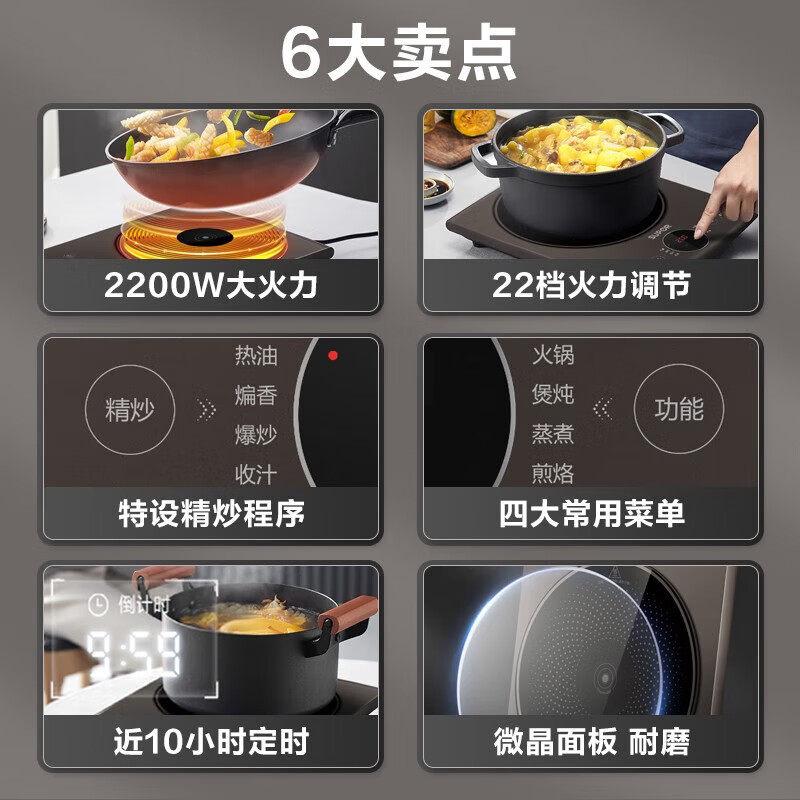 苏泊尔(SUPOR)电磁炉 黑晶面板智能定时触摸屏 大功率家用电炉灶 C22-IH912D高清大图