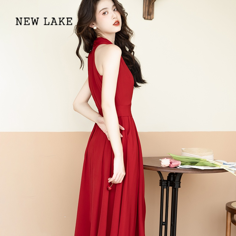 new lake赫本红裙港风挂脖吊带连衣裙高冷御姐风气质女装高级感裙子女